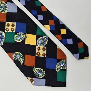 BRESCIANI MADE IN ITALY SILK TIE BLACK MULTI COLOR PAISLEY SQUARES 4" X 58"